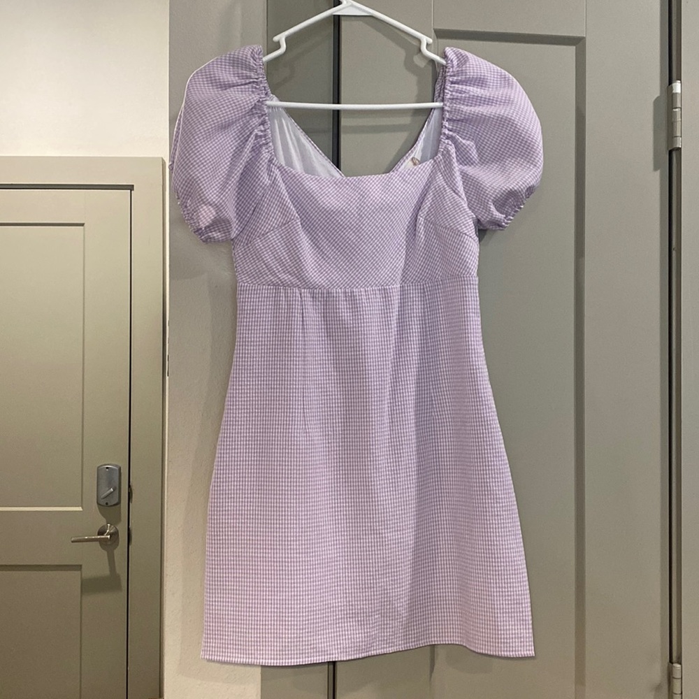 Purple and White Gingham Dress with puff sleeve